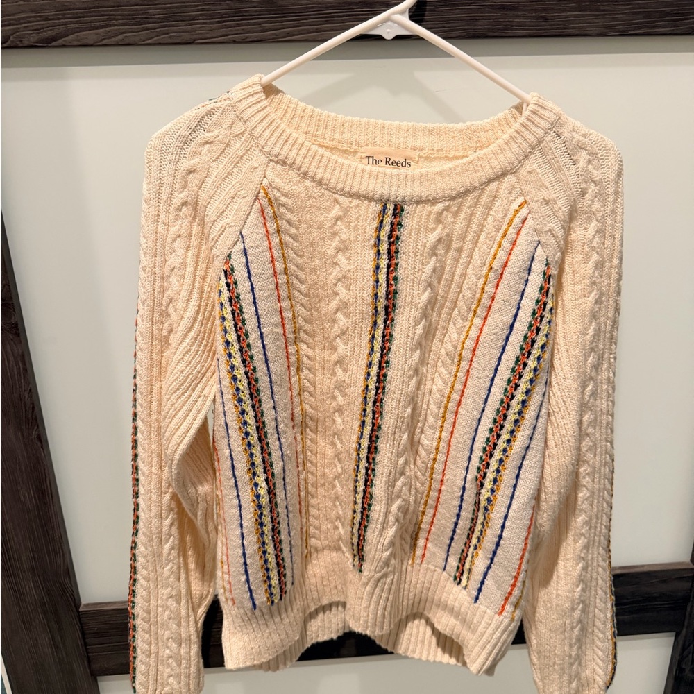Cream Cable Knit Sweater with Multicolor Stripes
